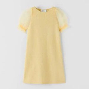 Zara Girls Ribbed Sparkly Yellow Dress Puffy Swiss Dot Sleeves - Size 10